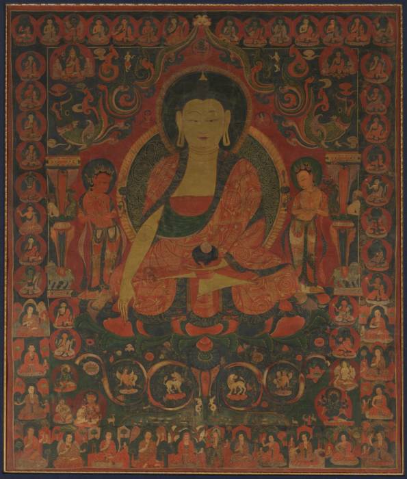 Unknown (Artist); Shakyamuni Buddha with Two Bodhisattvas, Thirty-Five Buddhas...